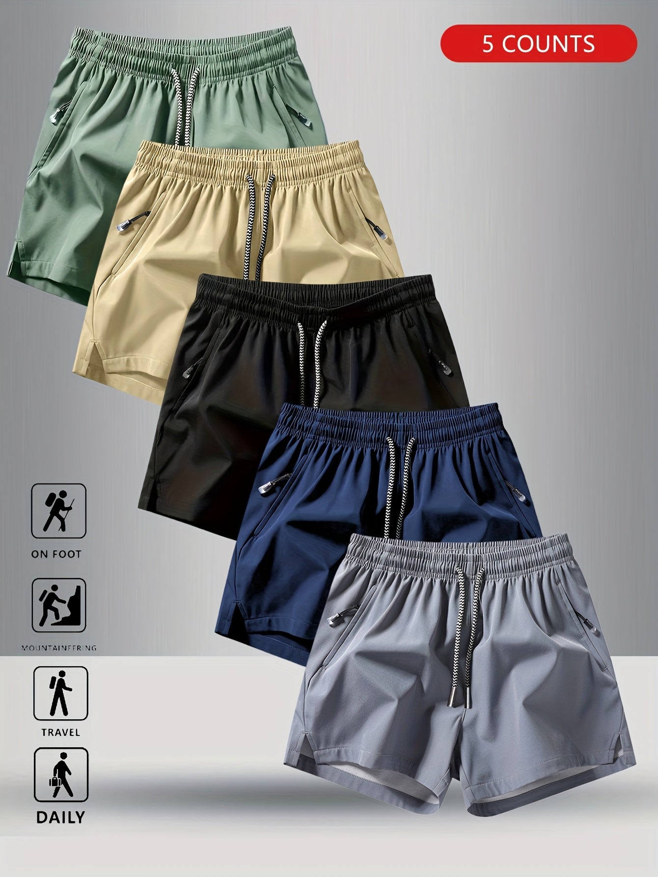 5pcs Men'S Summer Sports Shorts - Breathable, Lightweight, Moisture-Wicking Drawstring Waist, Solid Colors (Green, Red, Purple, Blue, Tan) for Casual, Outdoor, and Athletic Activitie