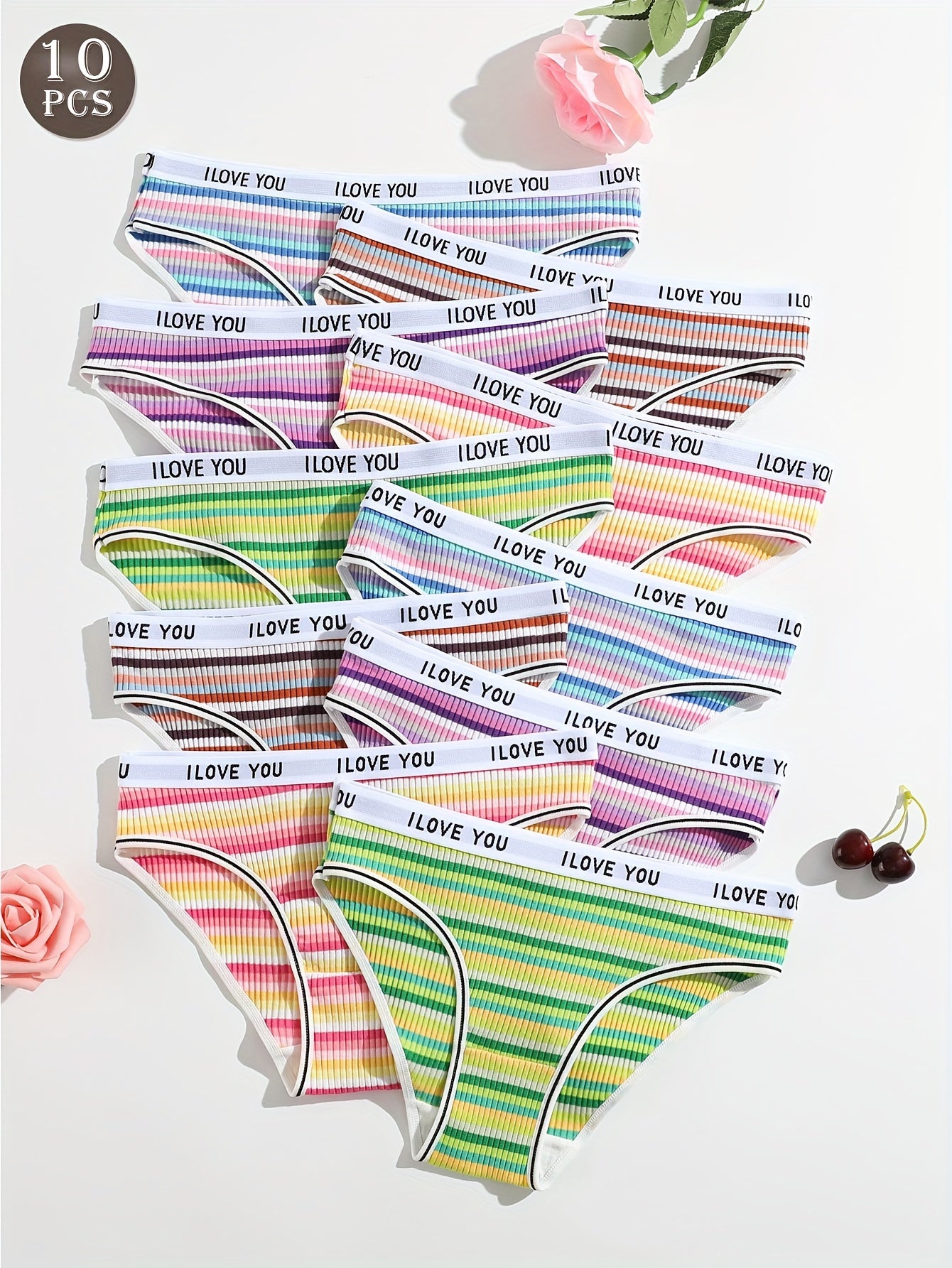 10-Pack Women's Cotton Briefs - Elastic Rainbow Stripe Pattern, Comfortable Ribbed Waistband, Simple Style Knit Fabric Underwear